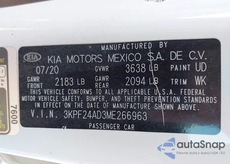 2021 Kia Forte Fe from USA, damaged, VIN 3KPF24AD3ME266963